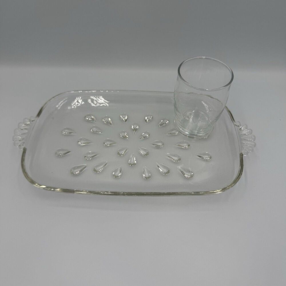 Vintage Hazel Atlas Tear Drop Glass Luncheon Snack Dessert Tray and Cup Set